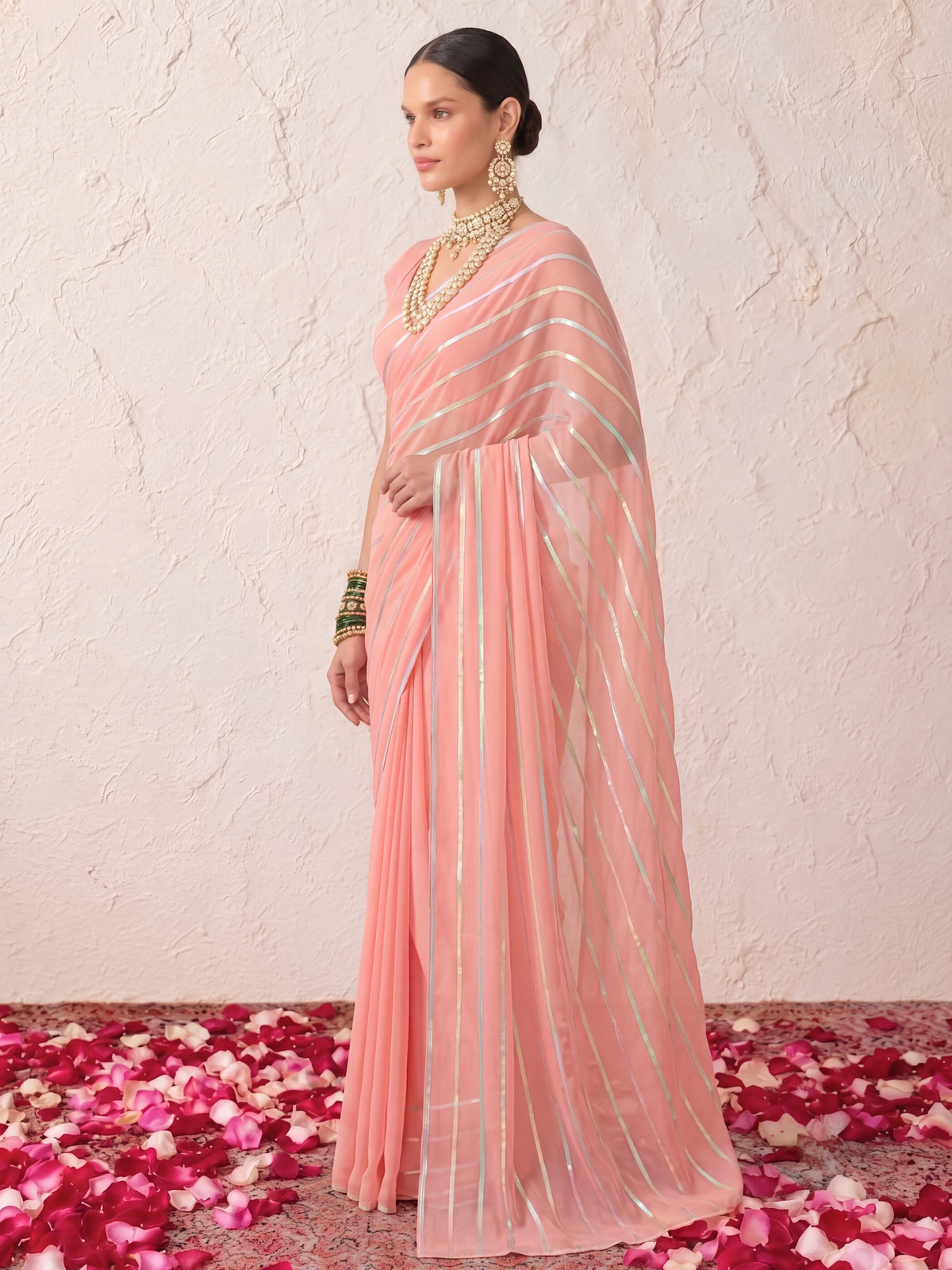 Pink and Iridecent Georgette Impression Saree with Self Blouse Fabric