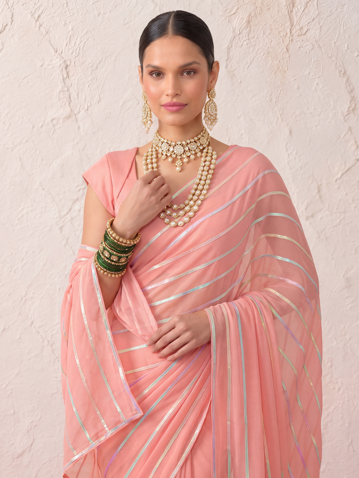Pink and Iridecent Georgette Impression Saree with Self Blouse Fabric