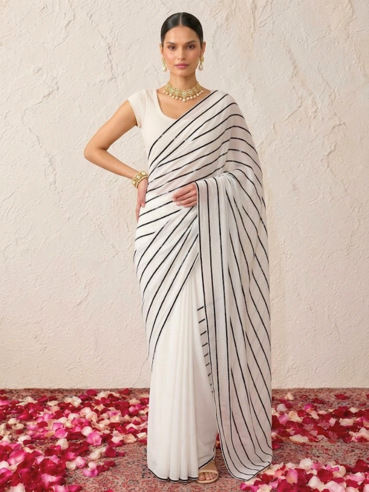 White and Black Georgette Impression Saree with Self Blouse Fabric