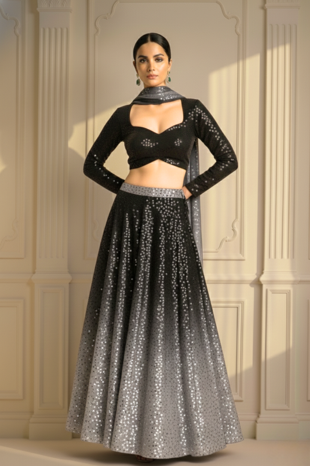 3 pc Set - Black and Grey Ombre' Knitted Sequin Lehenga with Dupatta with Blouse Fabric