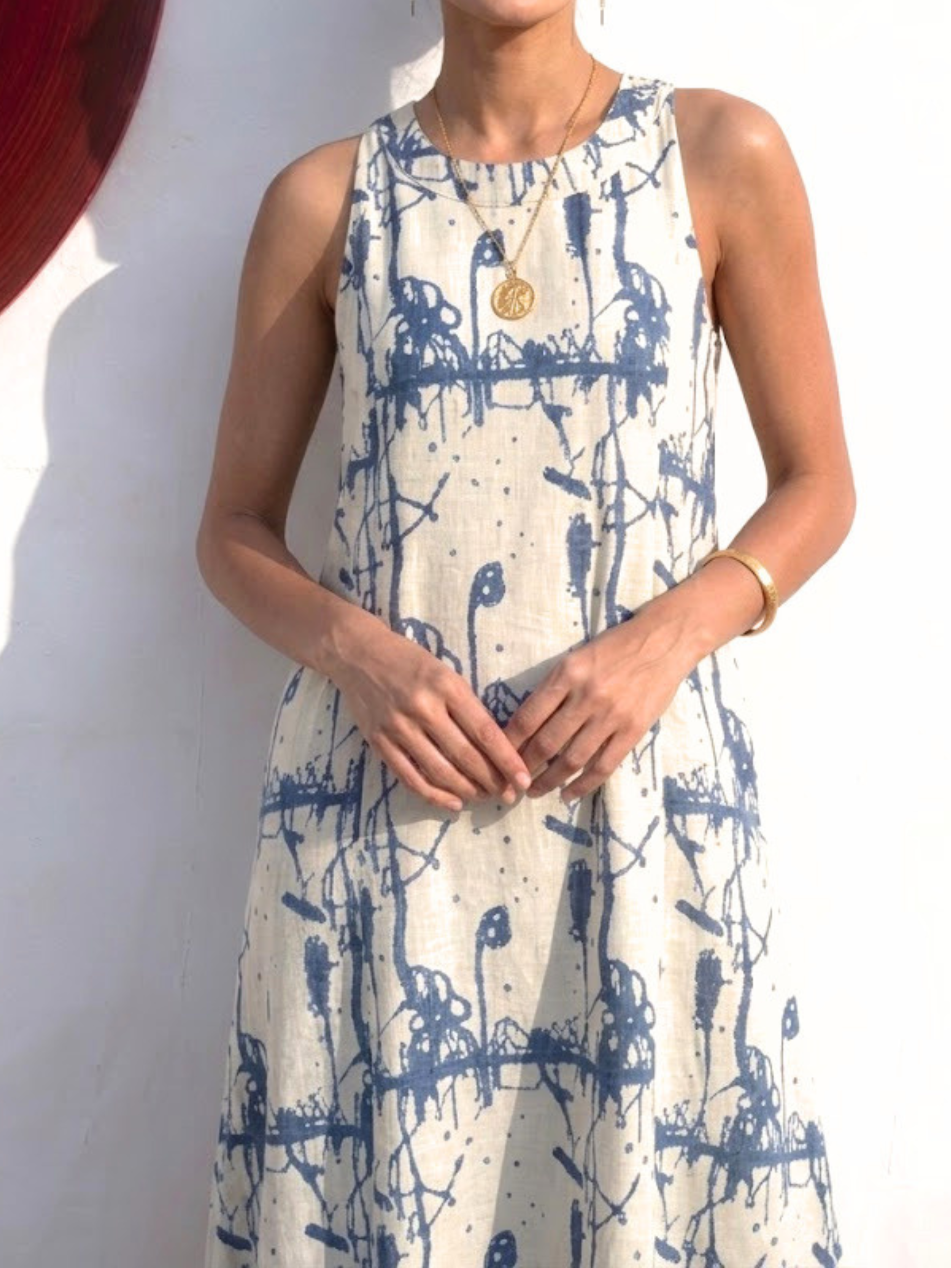 2 pc SET - Cream and Blue Printed Linen Sleeveless Kurta and Pant