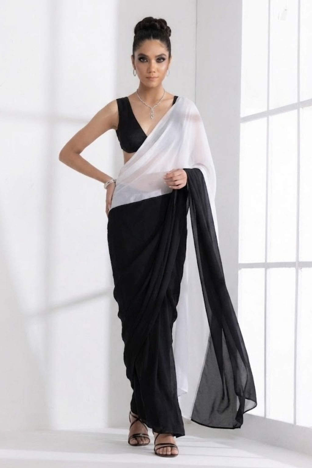 Black and White Georgette Triangle Saree with Blouse Fabric