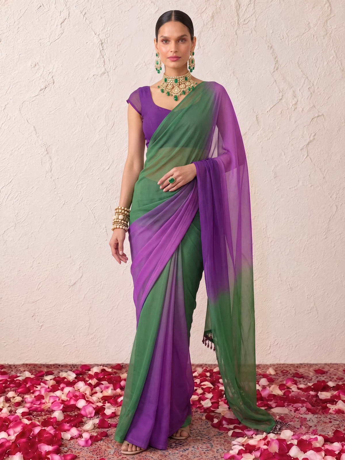 Purple and Green Chiffon Ombre Saree with Beaded Lace on Pallu and Blouse Fabric