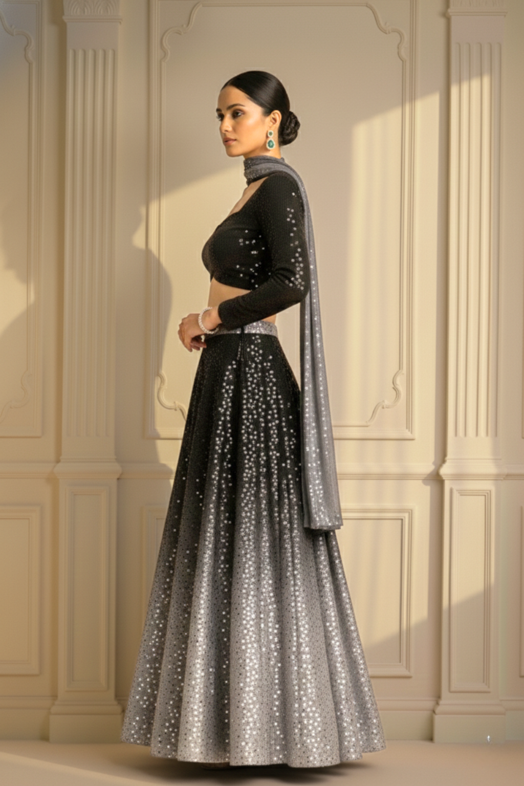 3 pc Set - Black and Grey Ombre' Knitted Sequin Lehenga with Dupatta with Blouse Fabric