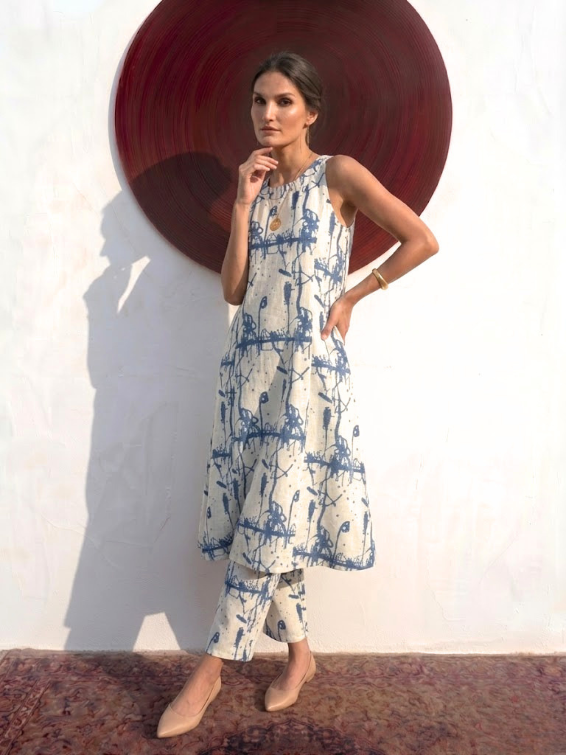 2 pc SET - Cream and Blue Printed Linen Sleeveless Kurta and Pant