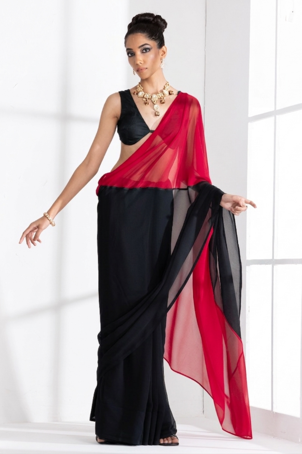 Black and Red Georgette Triangle Saree with Blouse Fabric