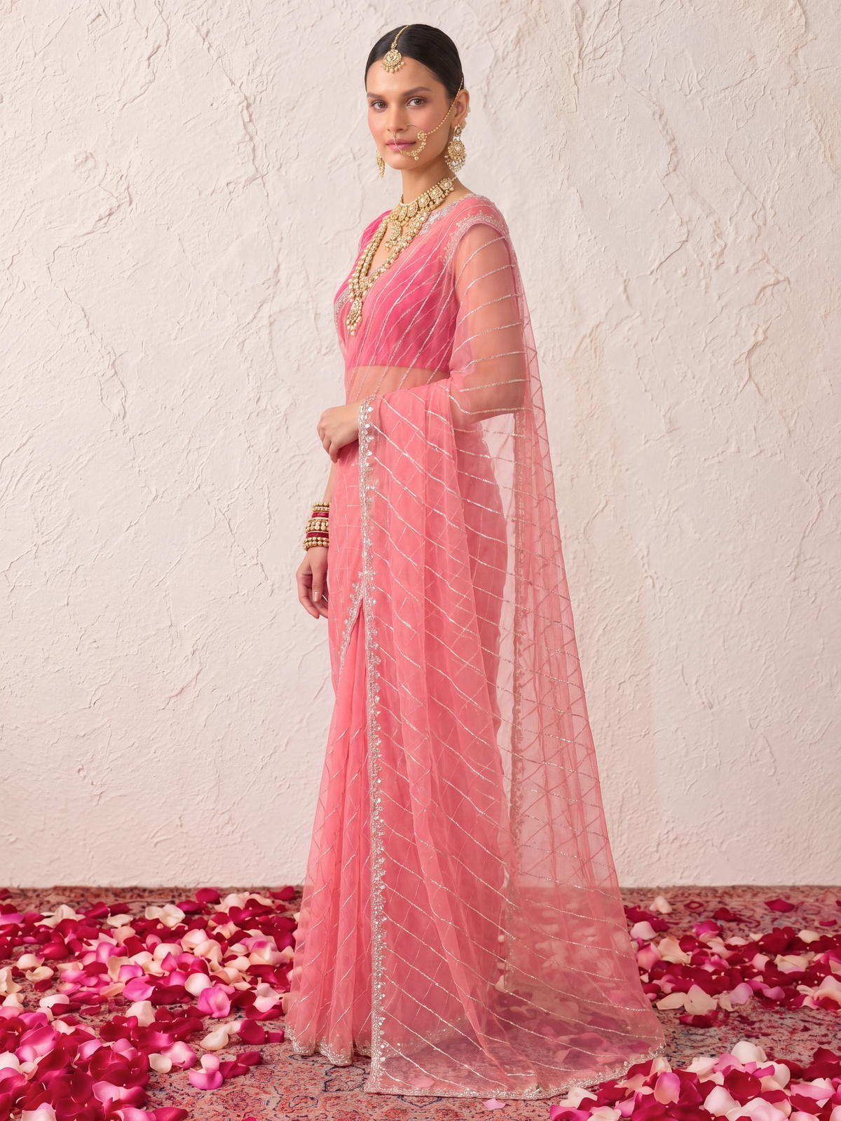 Baby Pink Net Scalloped Hand Beaded Cut Dana Saree with Matching Beaded Blouse Fabric