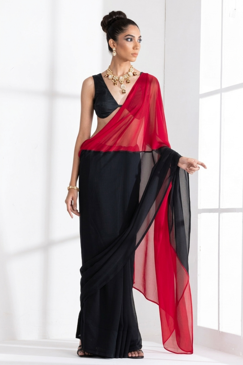 Black and Red Georgette Triangle Saree with Blouse Fabric