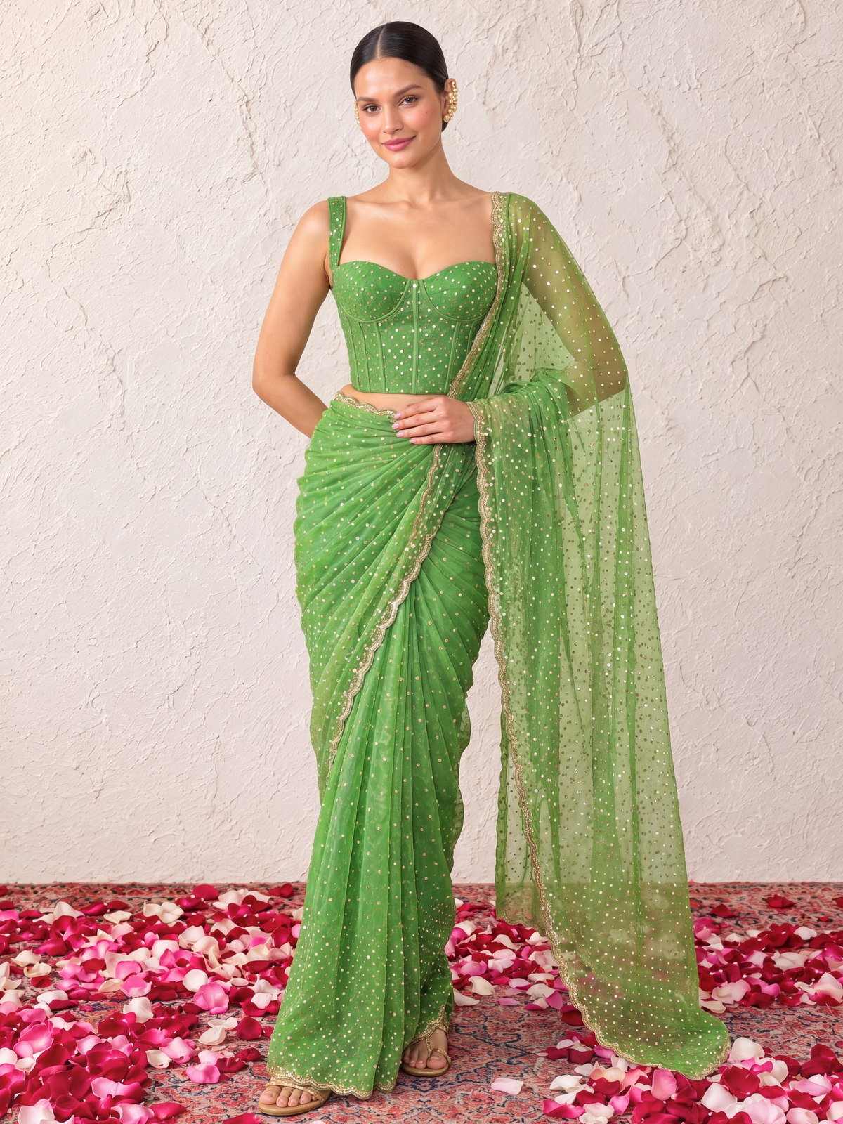 Green Allover Hand Beaded Jaal Saree with Matching Blouse Fabric