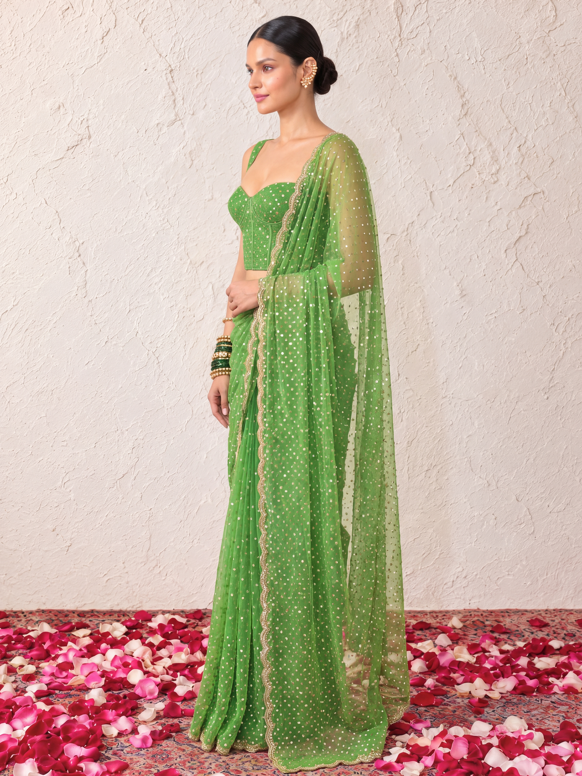 Green Allover Hand Beaded Jaal Saree with Matching Blouse Fabric