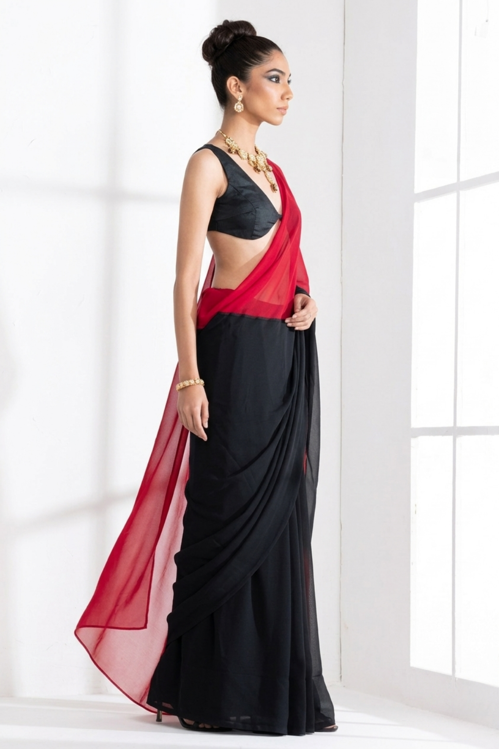 Black and Red Georgette Triangle Saree with Blouse Fabric