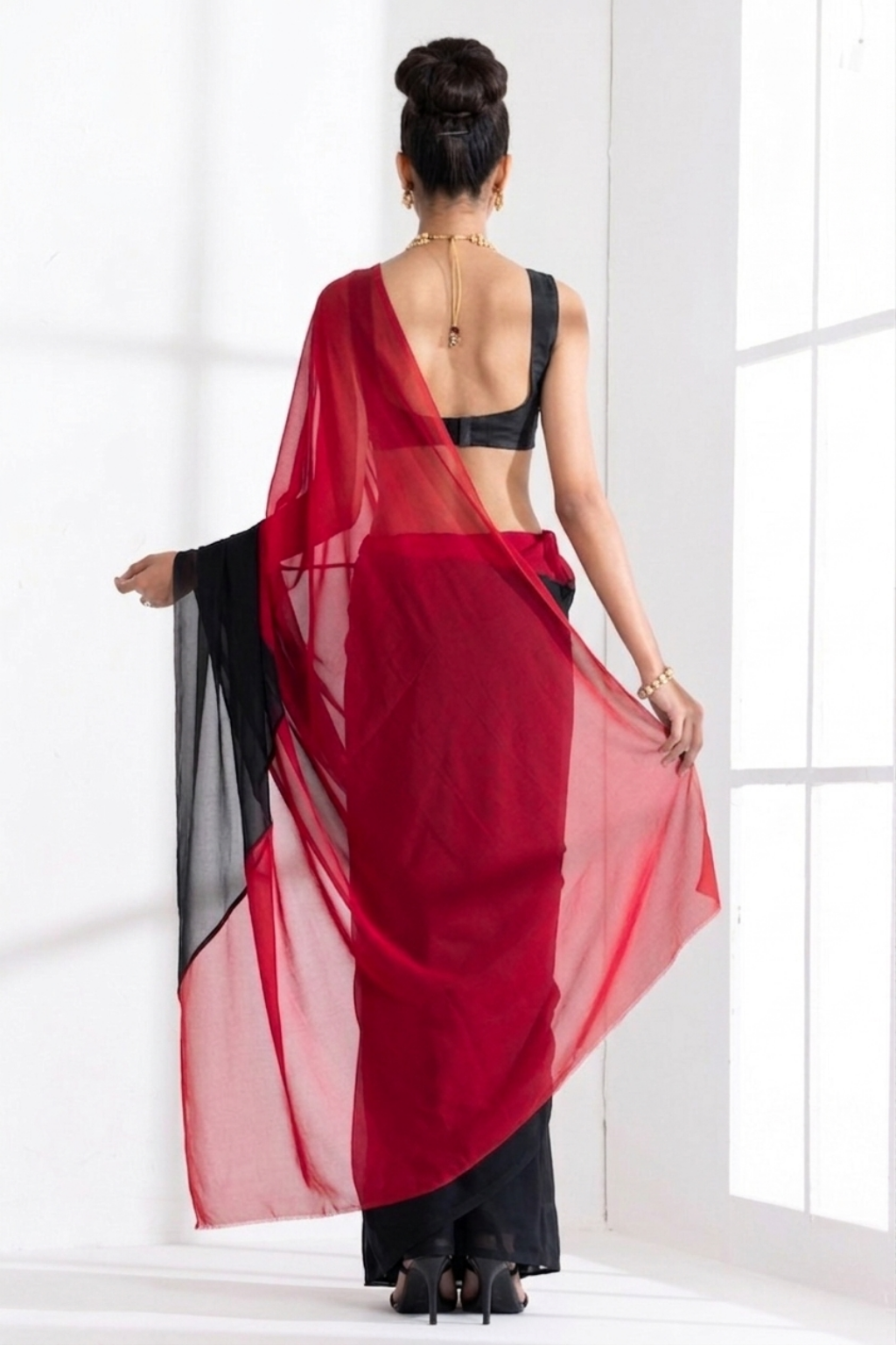 Black and Red Georgette Triangle Saree with Blouse Fabric
