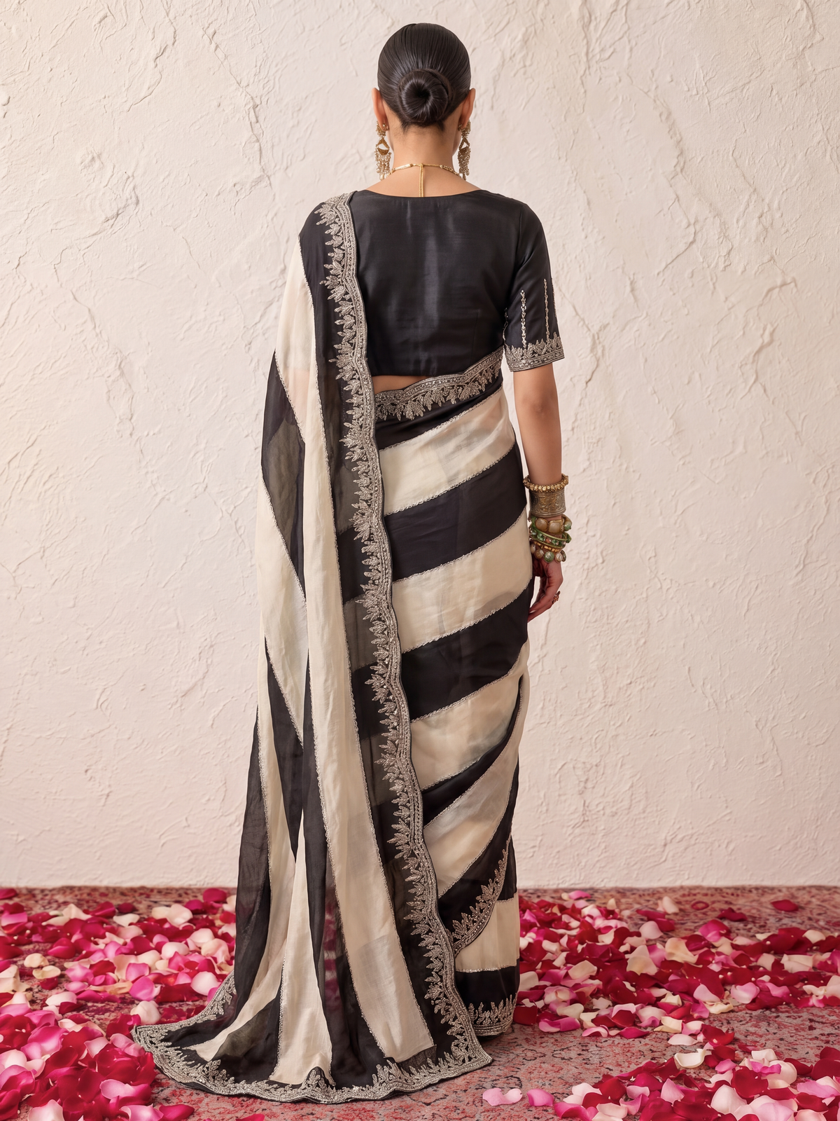 Black and White Striped Metallic Satin Hand Beaded Saree with Matching Beaded Blouse Fabric