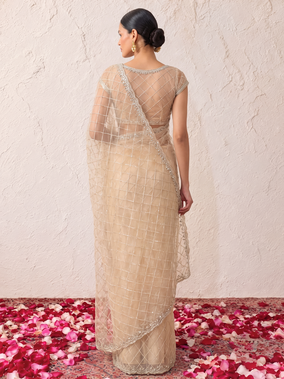 Beige Net Scalloped Hand Beaded Cut Dana Saree with Matching Beaded Blouse Fabric