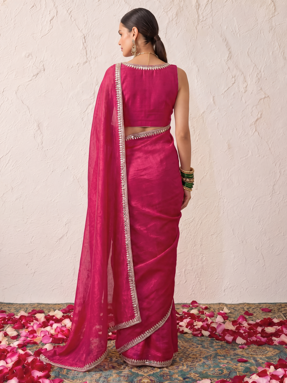 Wine Mirror Metallic Satin Hand Beaded Cut Dana Saree with Border and Matching Blouse Fabric