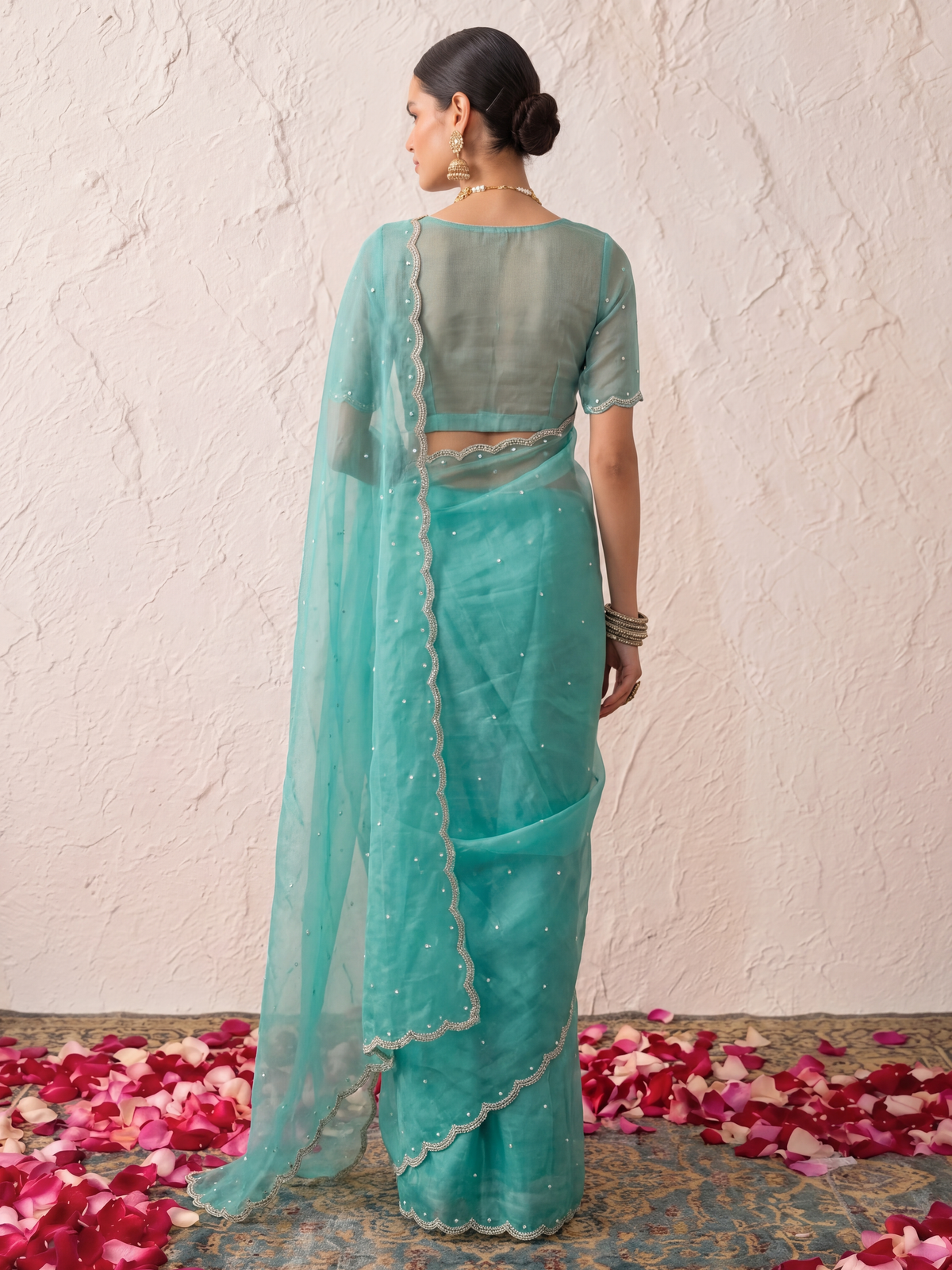 Sea Blue Magic Metallic Pearl Hand Beaded Saree with Matching Beaded Blouse Fabric