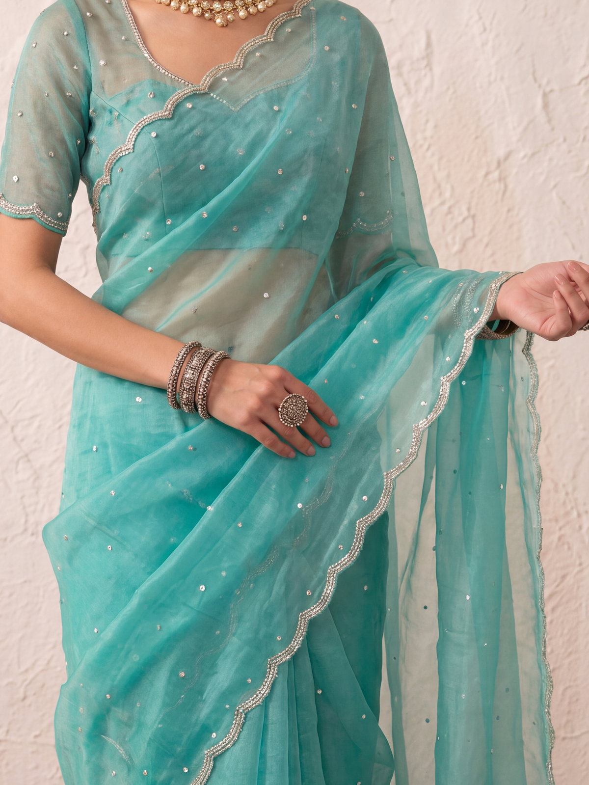 Sea Blue Magic Metallic Pearl Hand Beaded Saree with Matching Beaded Blouse Fabric