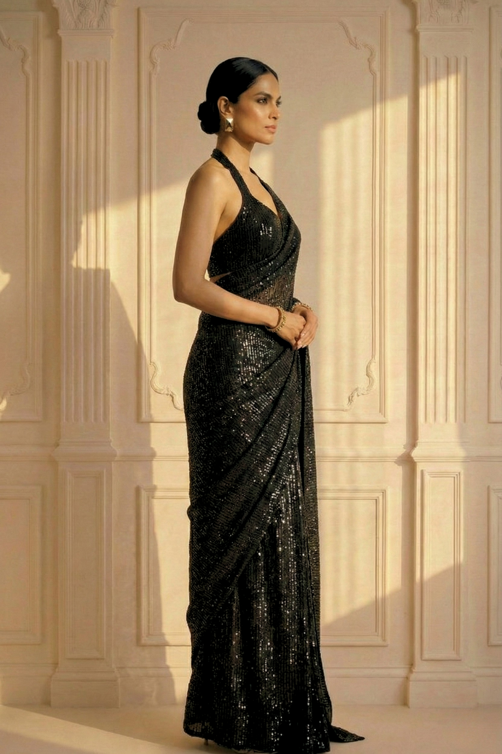 Black Muse Knitted Sequin Saree with Blouse Fabric