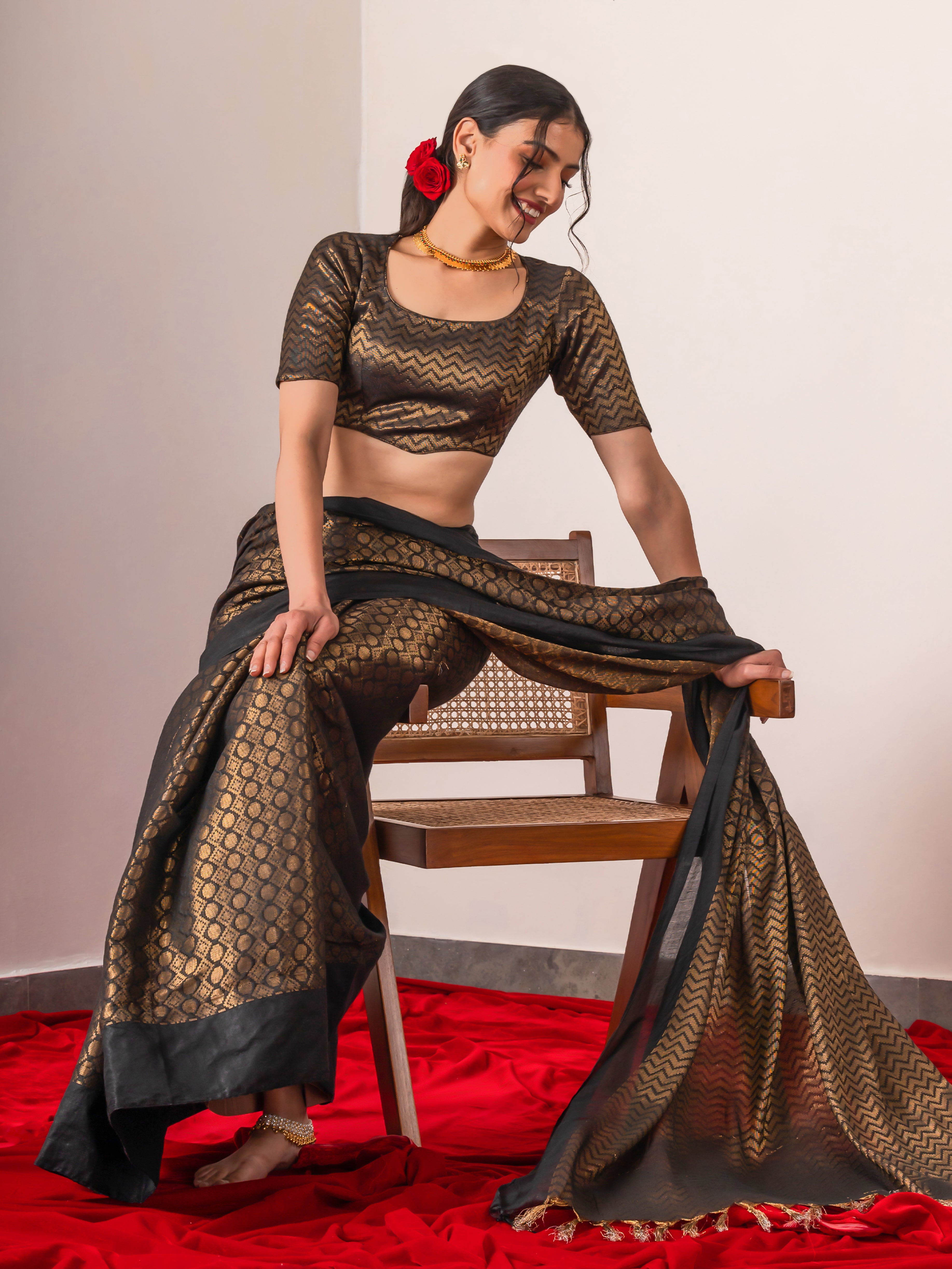 Tamas Black Gold Bhagalpur Silk Blend Saree with Blouse Fabric