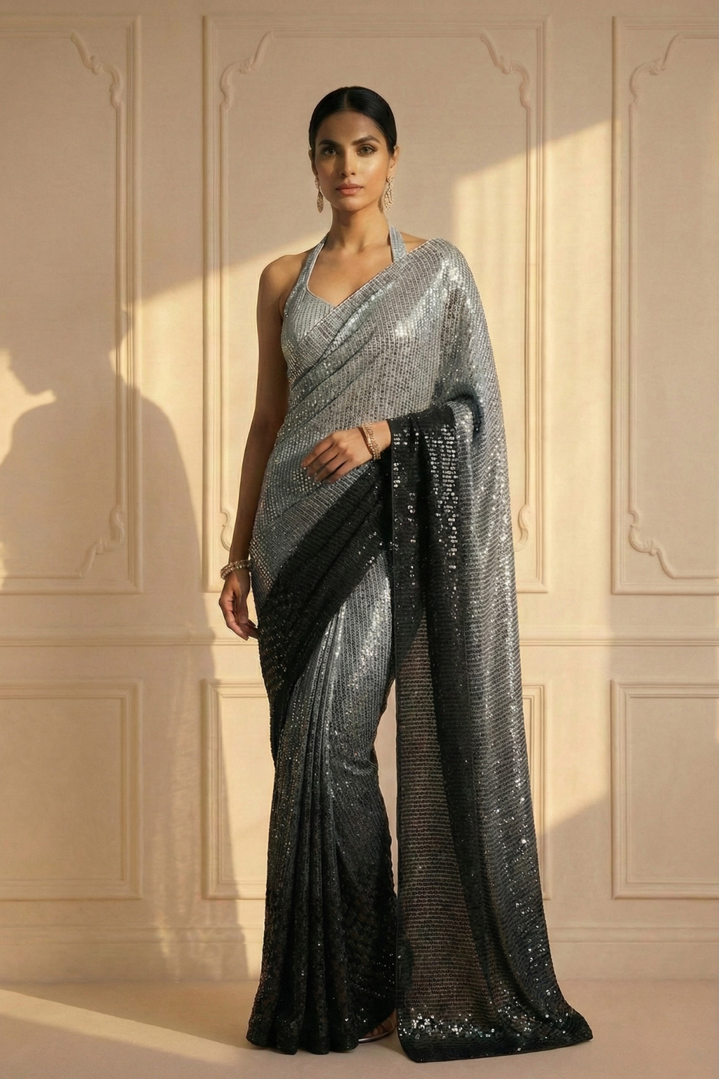 Black and Grey Ombre' Knitted Sequin Saree with Blouse Fabric