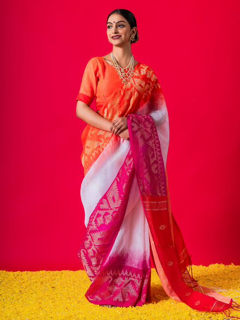 White Linen Ganga Yamuna Red & Orange Saree with Blouse Fabric