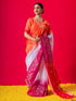 White Linen Ganga Yamuna Red & Orange Saree with Blouse Fabric