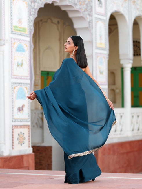 Prussian Blue Satin Saree