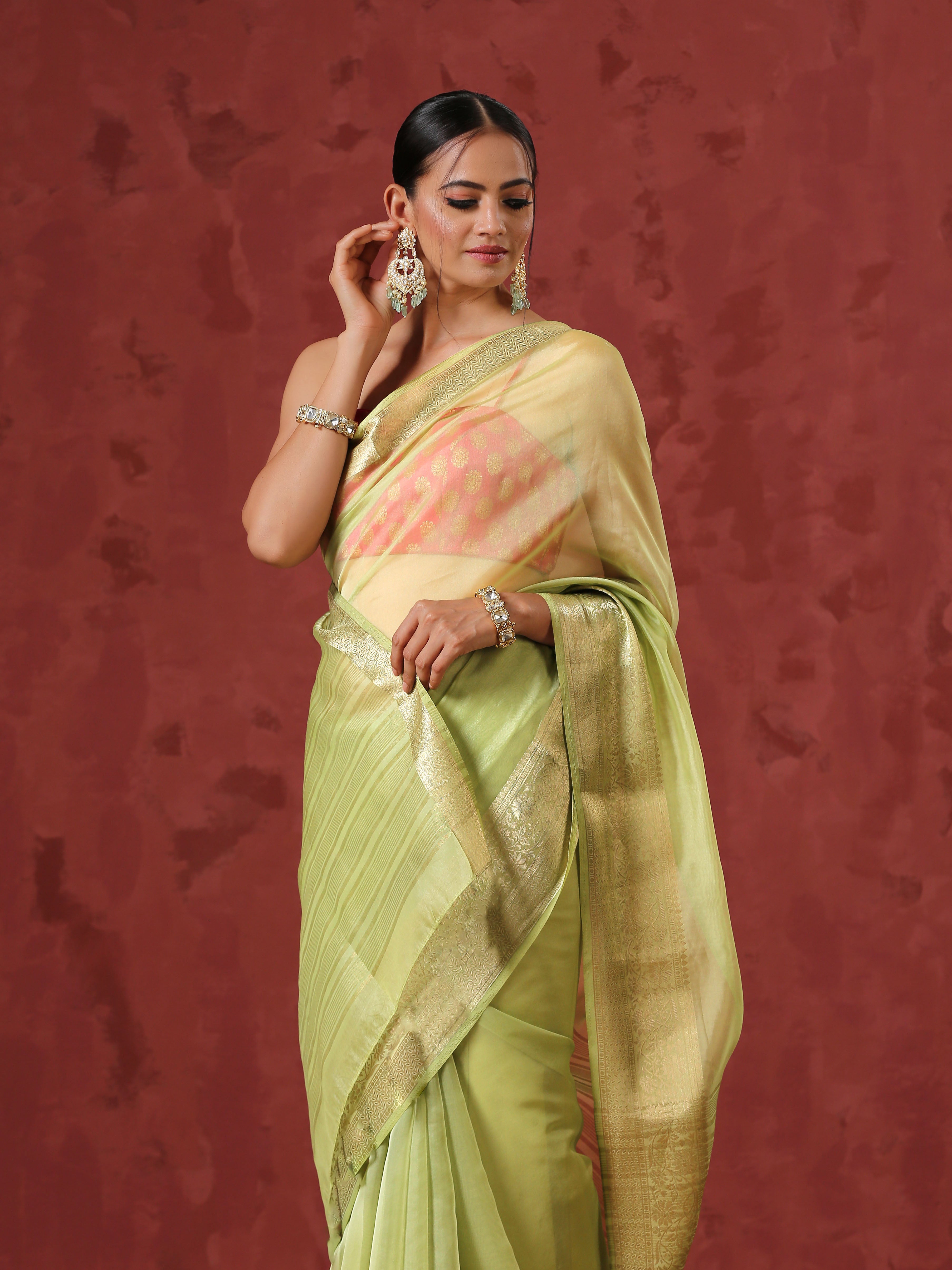 Mehendi Organza Saree with Border