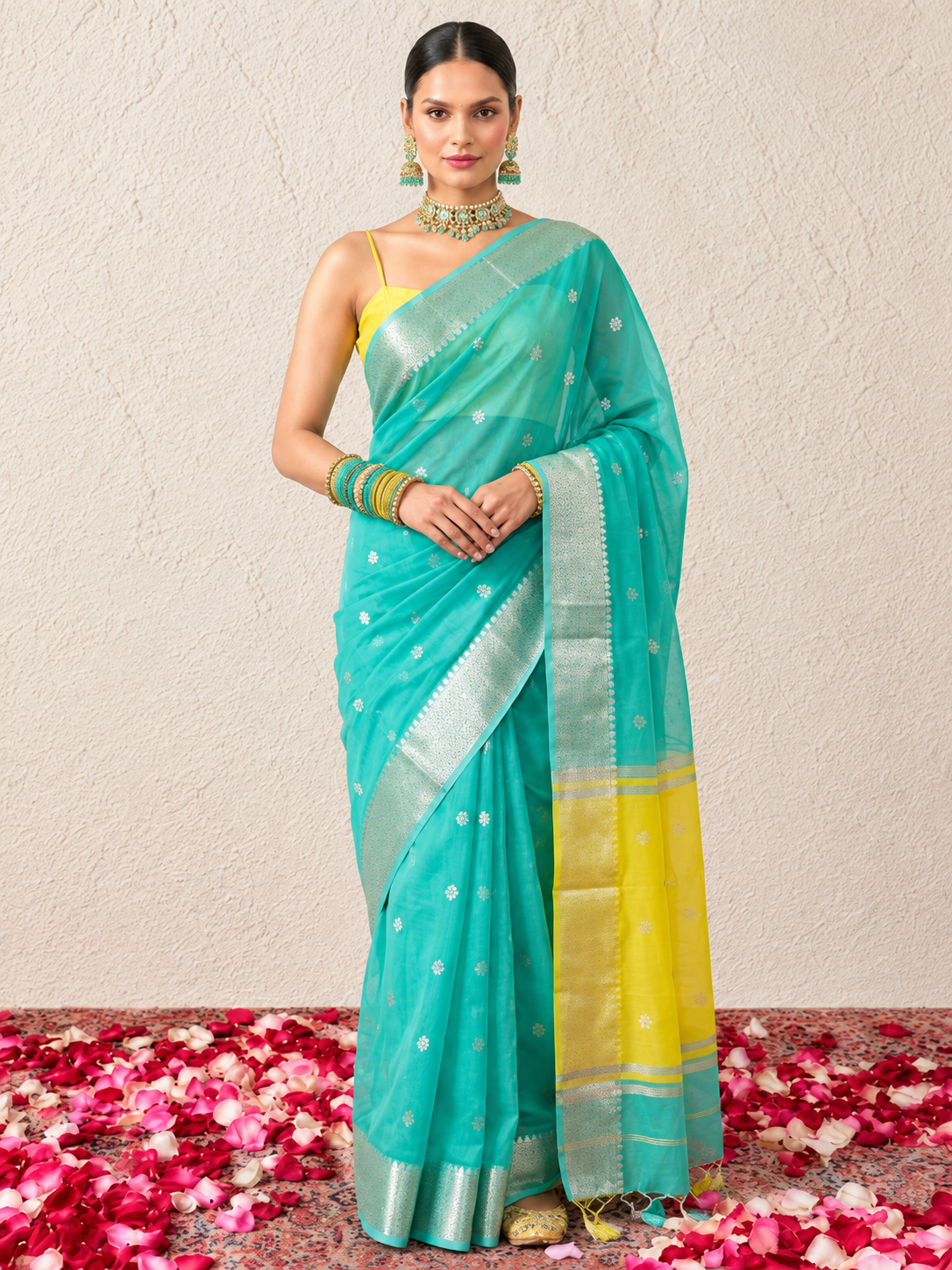 Green and Yellow Chanderi Cotton Silk Saree with Matching Yellow Blouse Fabric