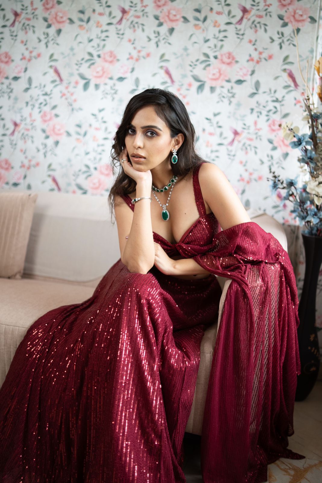 2 pc SET - Maroon Knit Sequined Lehenga with Blouse with Dupatta