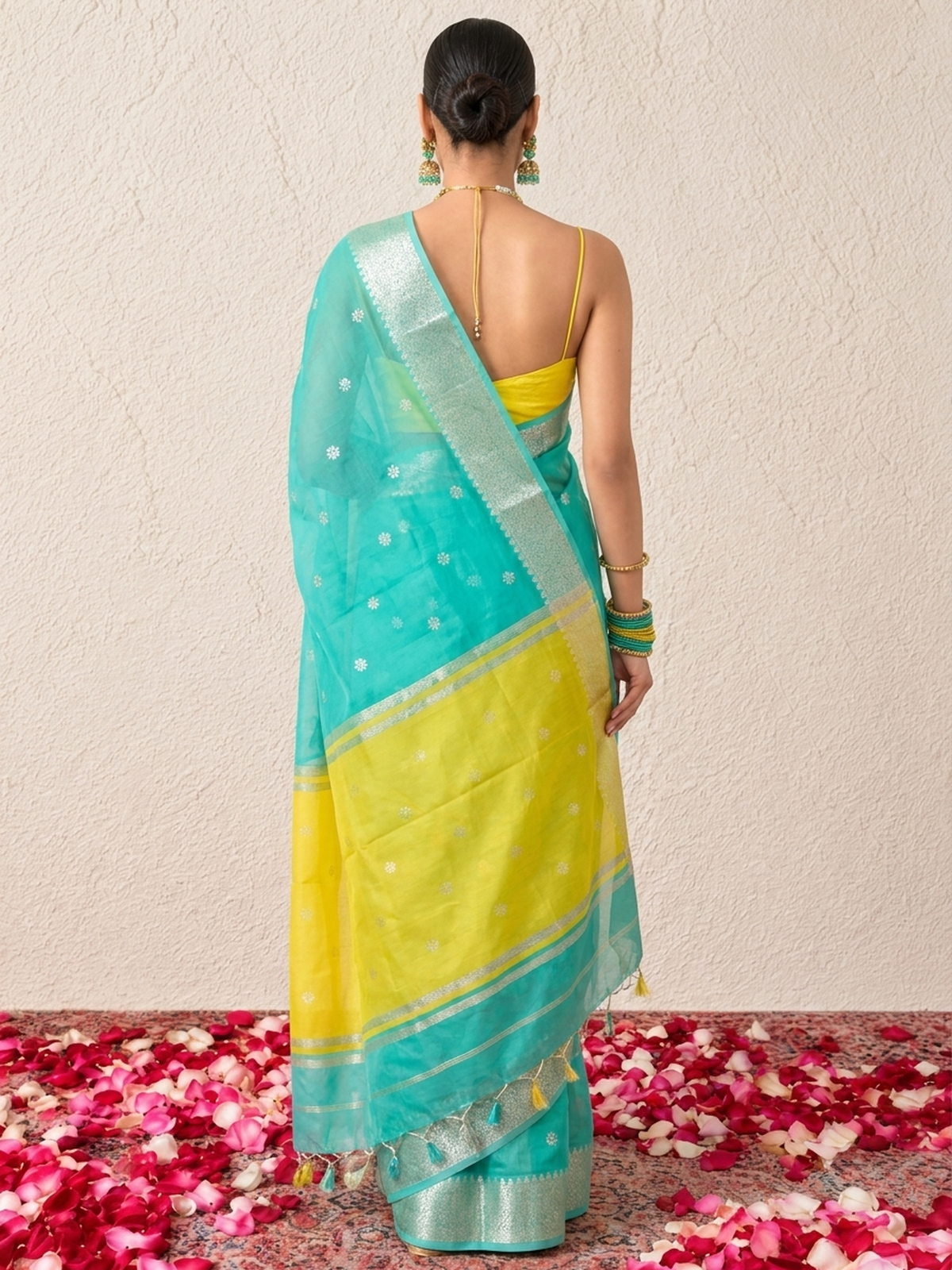 Green and Yellow Chanderi Cotton Silk Saree with Matching Yellow Blouse Fabric