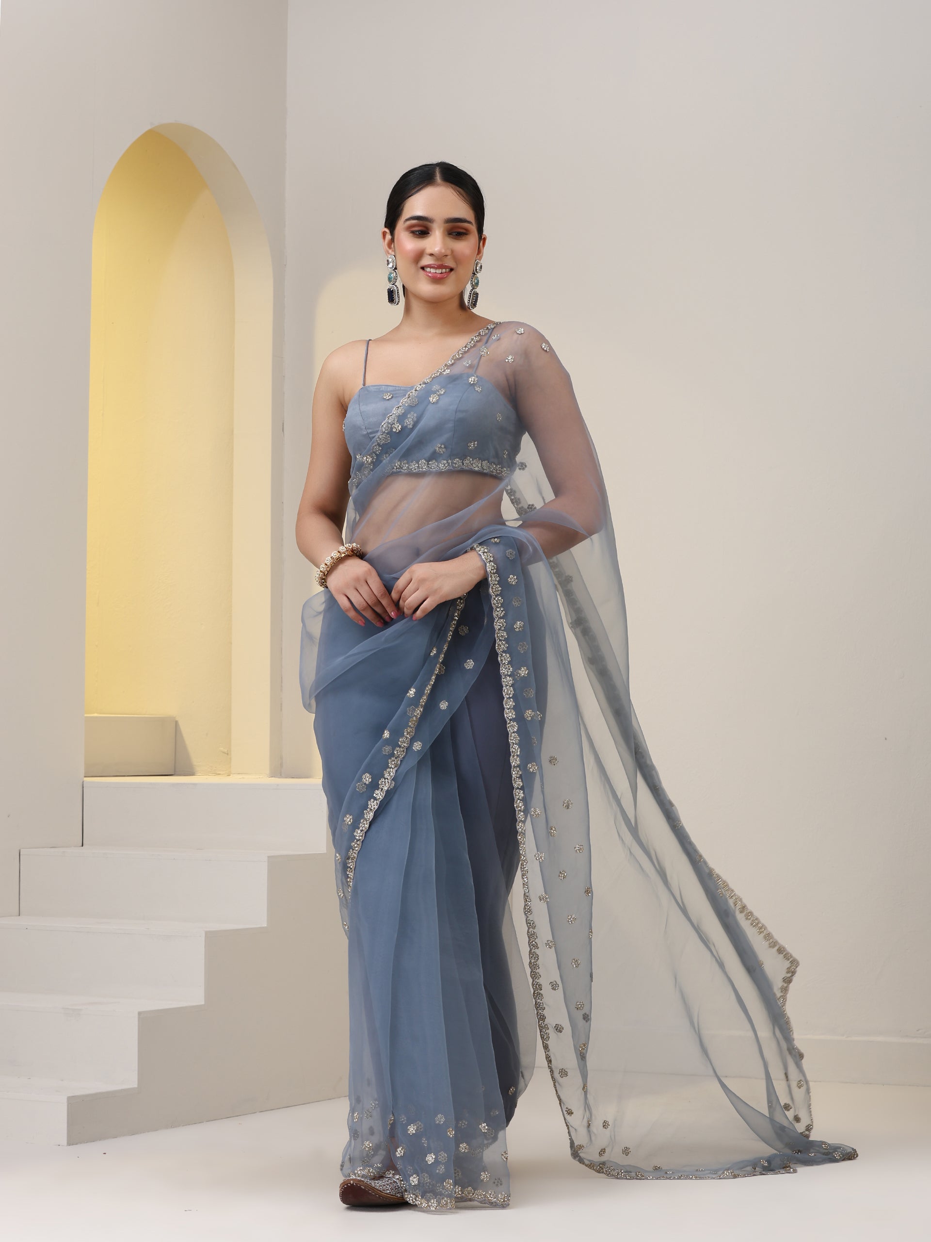 Blue Cloud Hand Embroidered Saree with Blouse Fabric