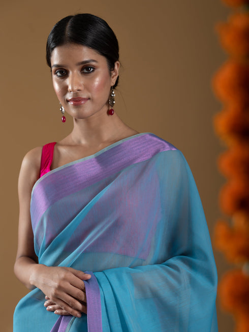 Purple Shine Border Blue Cotton Saree