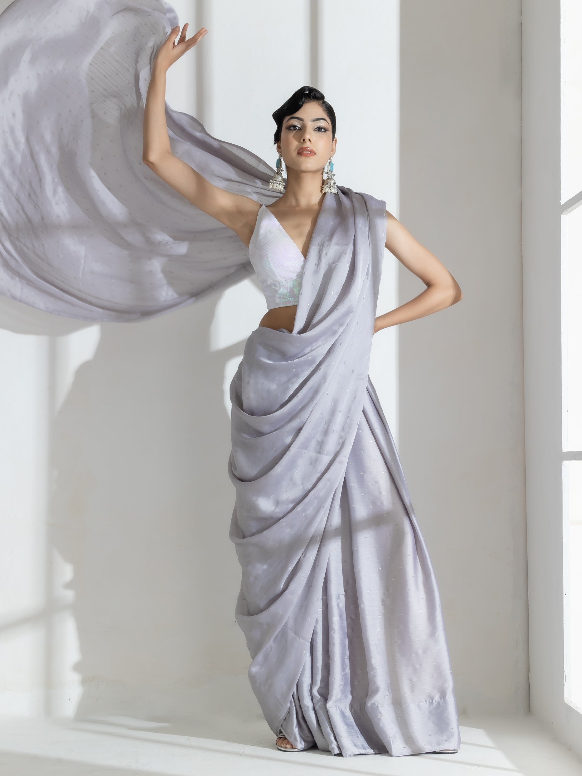 Silver Grey Printed Butter Chiffon Saree