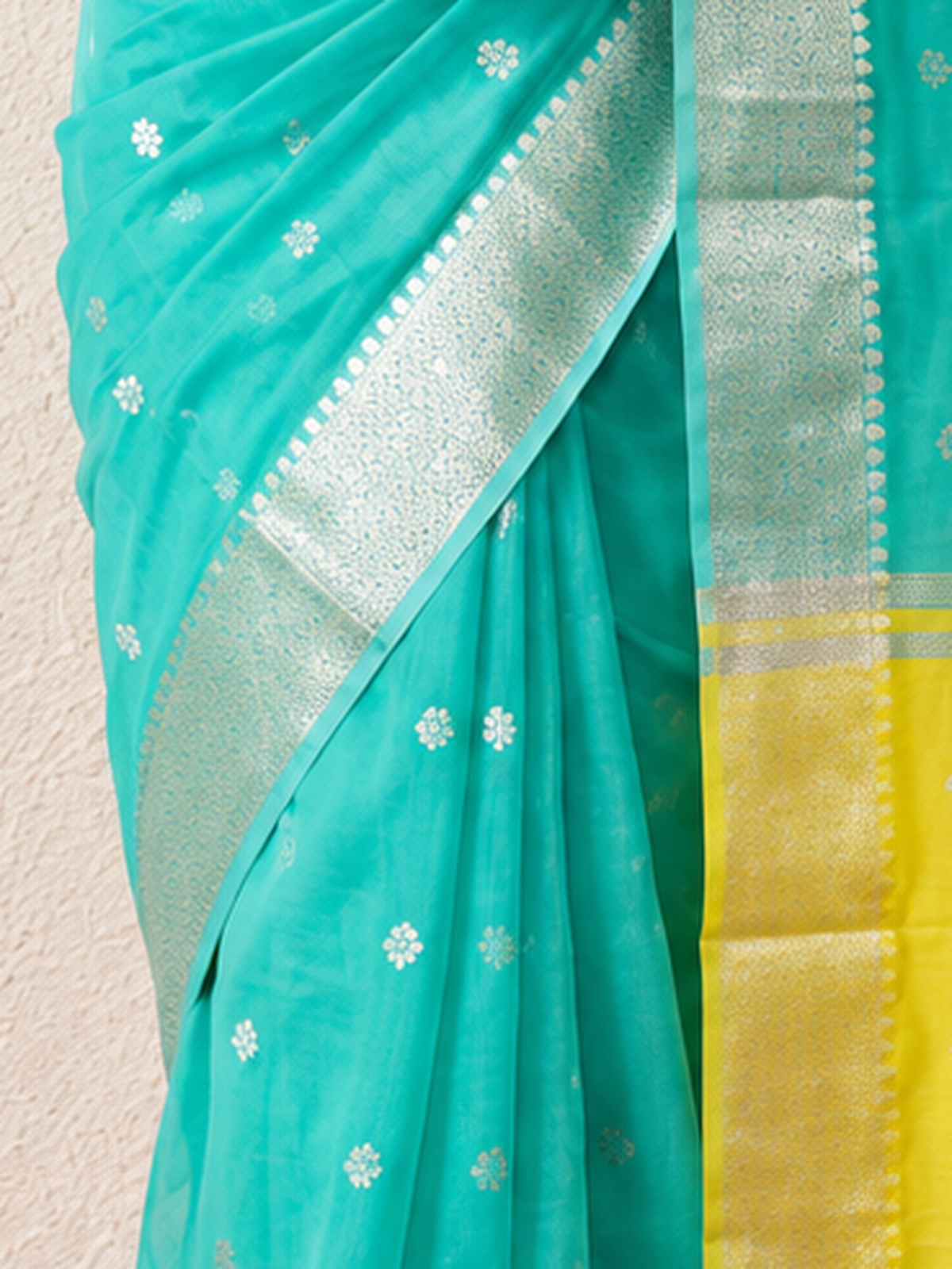 Green and Yellow Chanderi Cotton Silk Saree with Matching Yellow Blouse Fabric