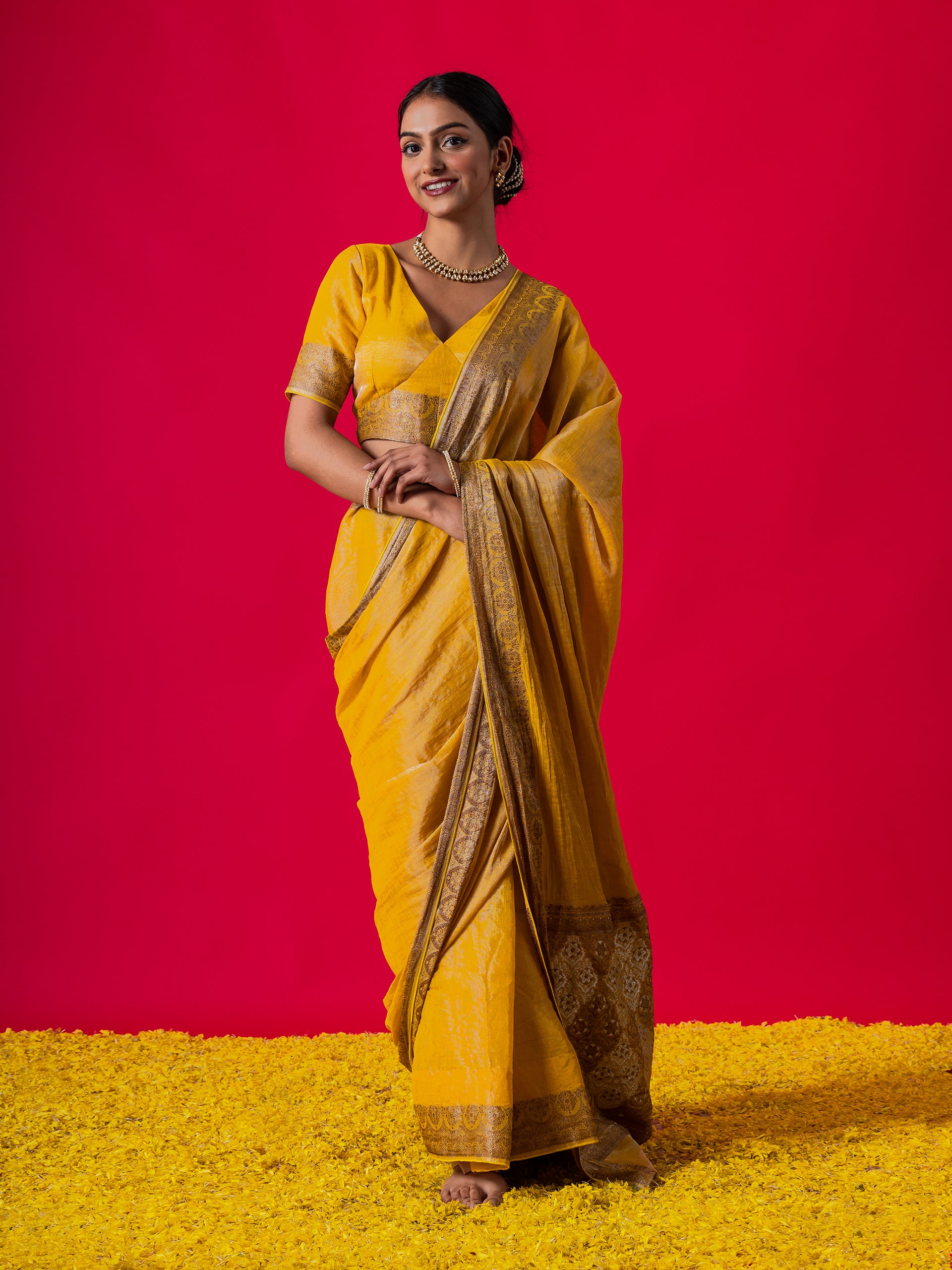 Mustard Brown Gold Shine Soft Saree with Blouse Fabric