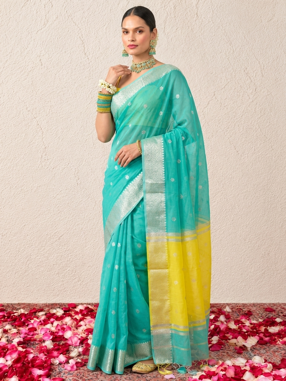 Green and Yellow Chanderi Cotton Silk Saree with Matching Yellow Blouse Fabric