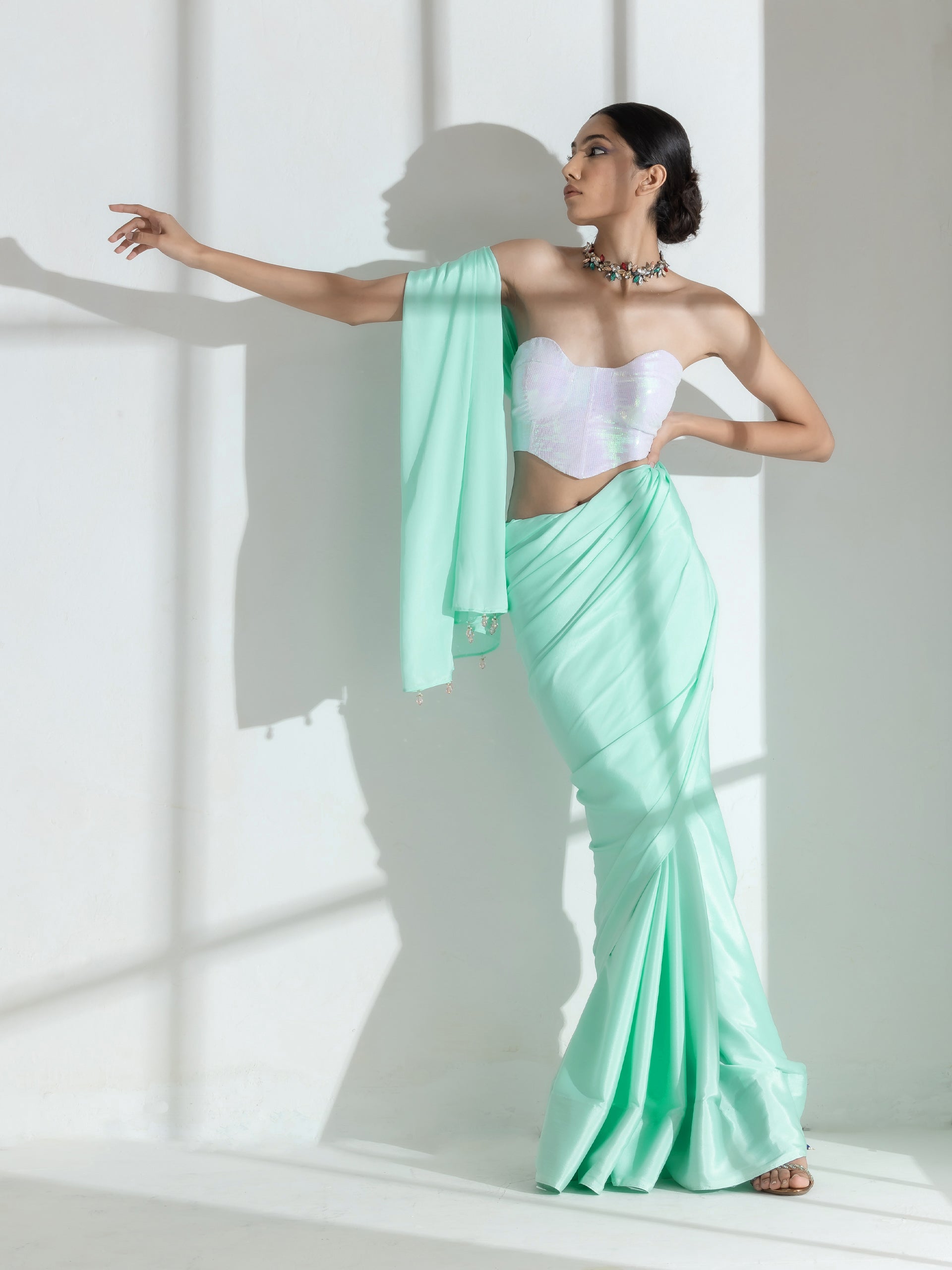 Cool Ice Crepe saree with Beads and Self Blouse fabric
