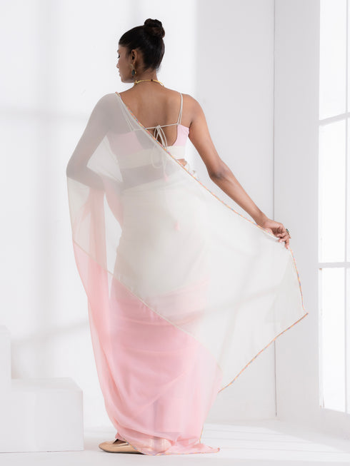 Candy Pink and Matcha Fusion Georgette Saree with Self-Blouse Fabric