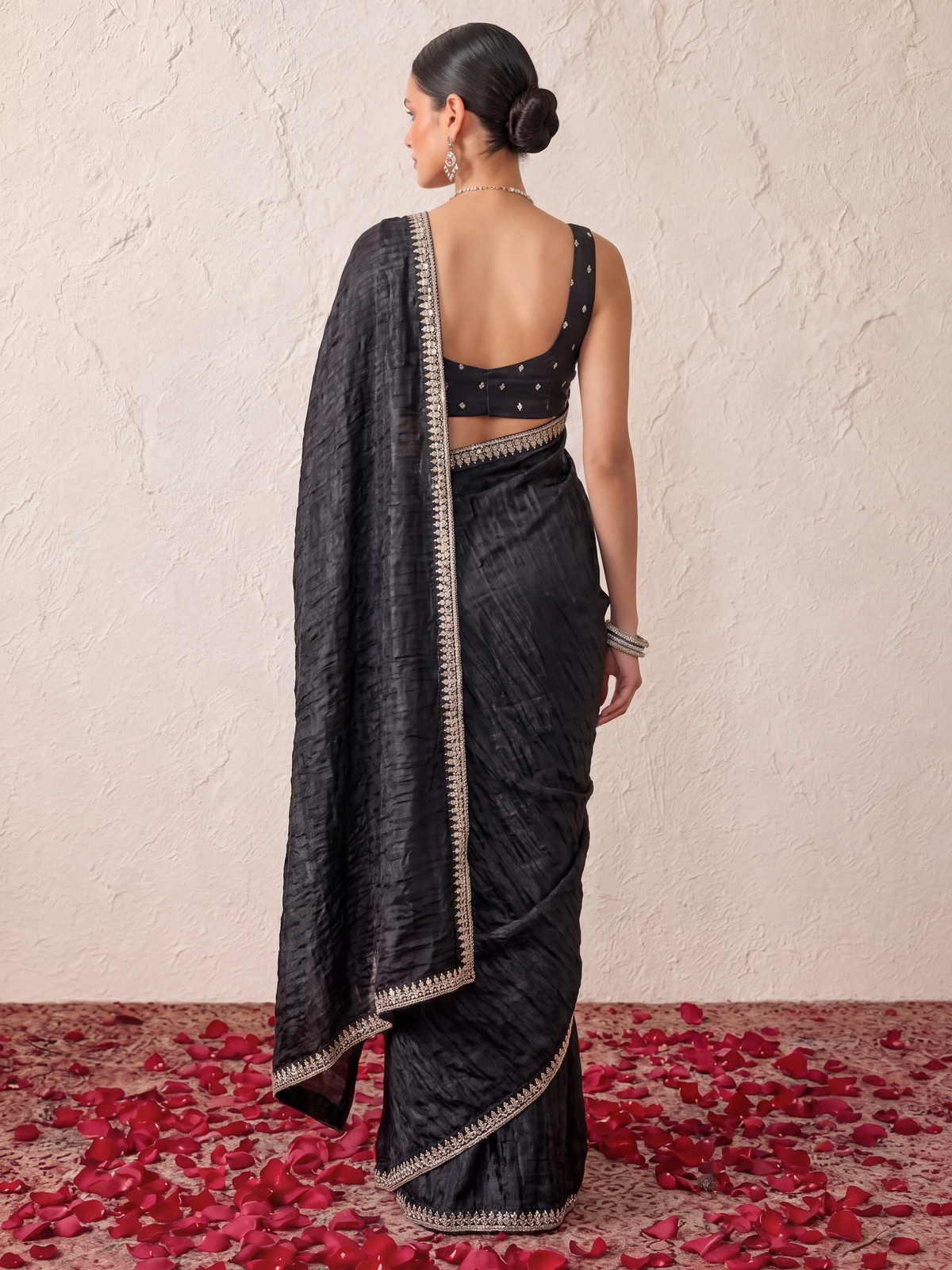 Black Mirror Metallic Satin Hand Beaded Cut Dana Saree with Border and Matching Blouse Fabric