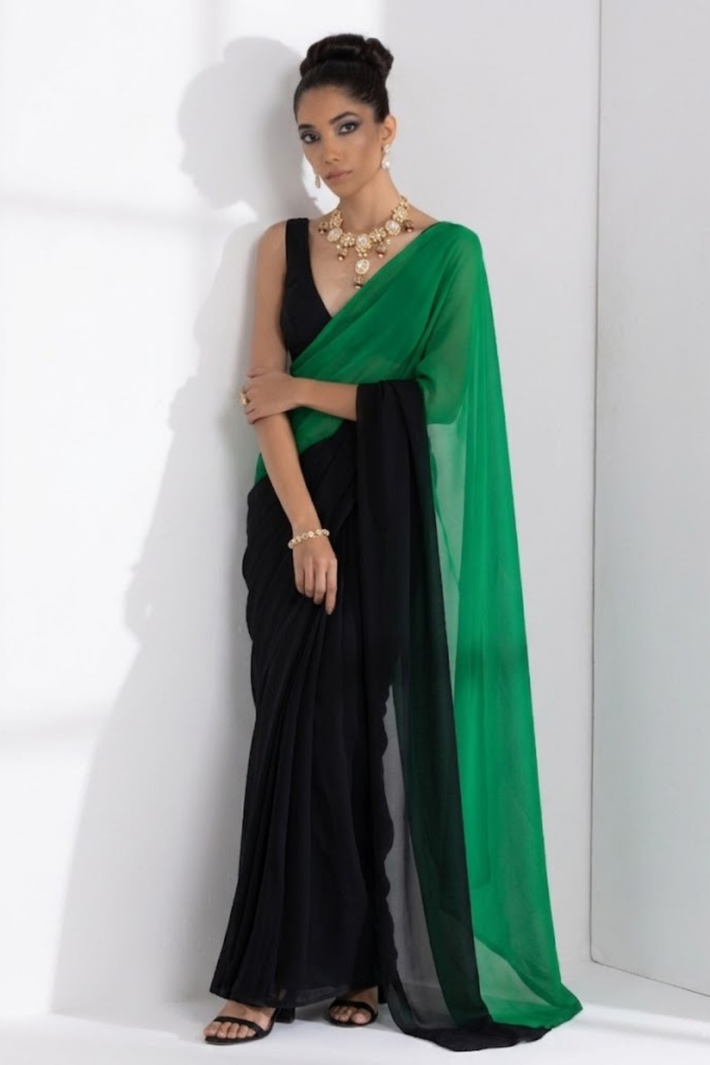 Black and Green Georgette Triangle Saree with Blouse Fabric