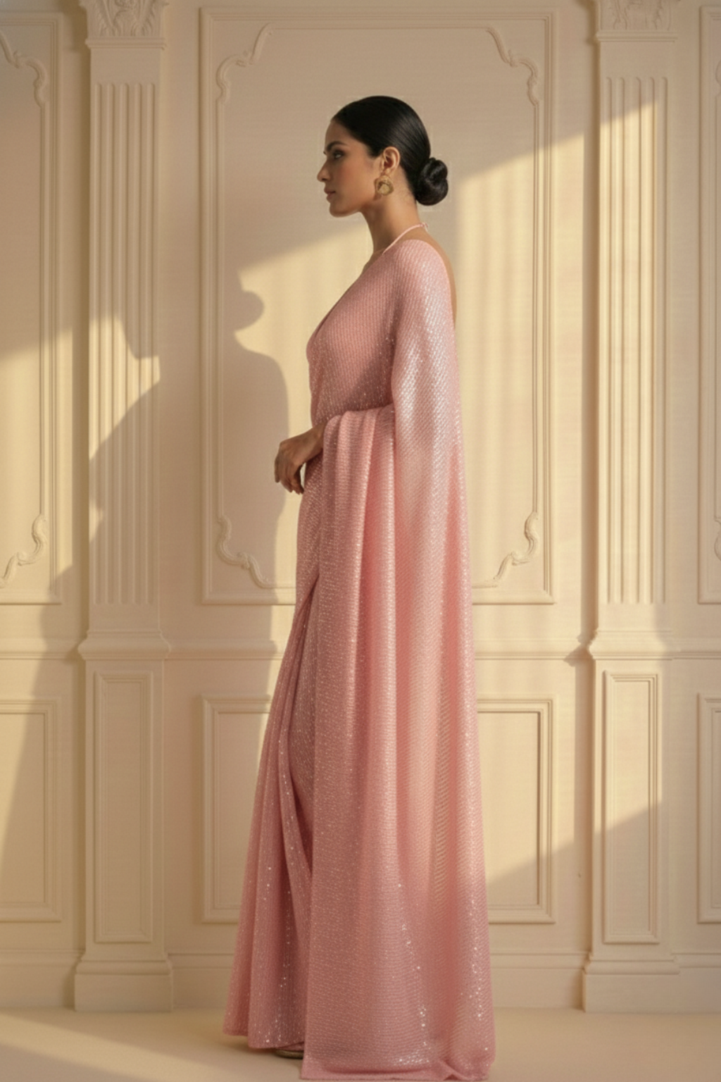 Blush Cream Knitted Sequin Saree with Blouse Fabric