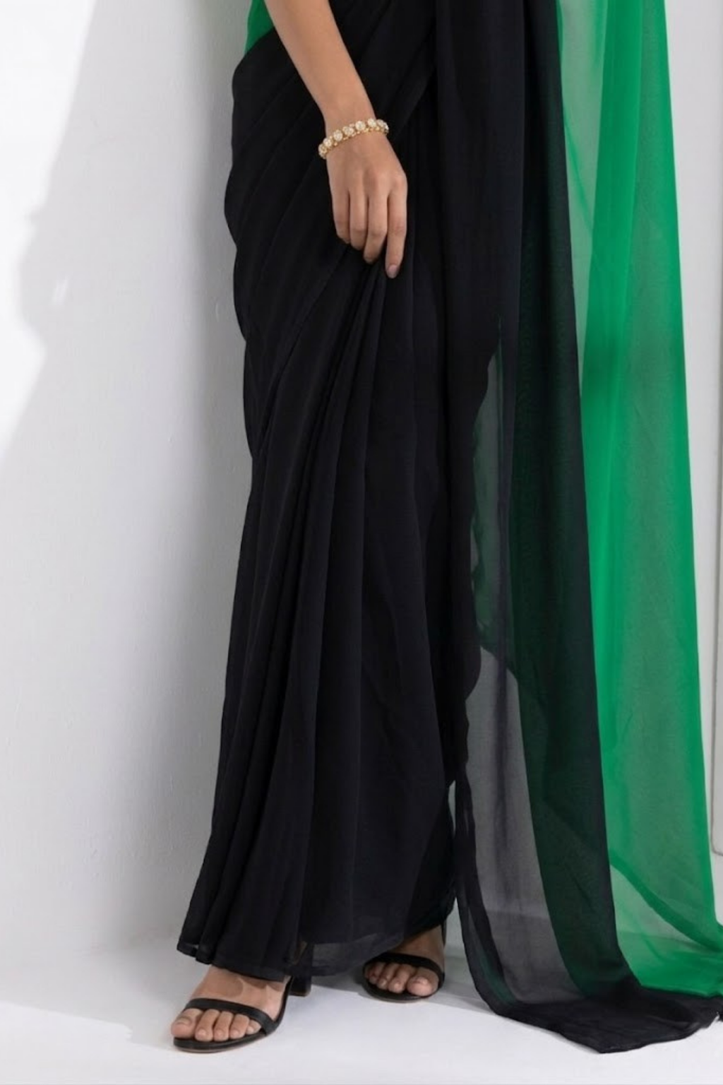 Black and Green Georgette Triangle Saree with Blouse Fabric