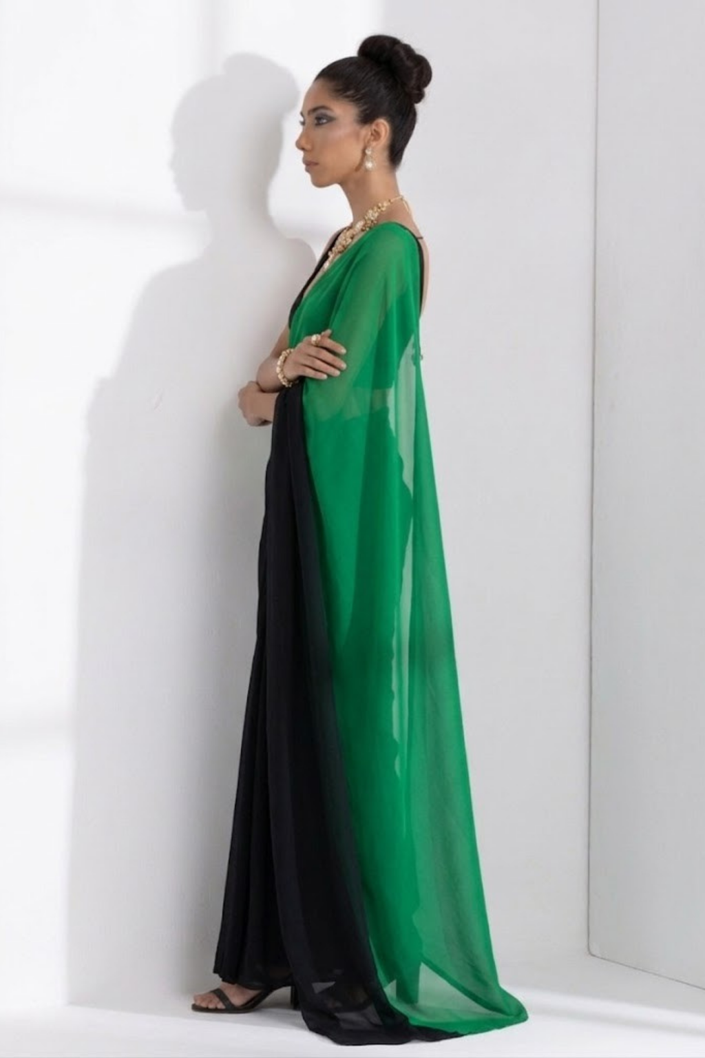 Black and Green Georgette Triangle Saree with Blouse Fabric