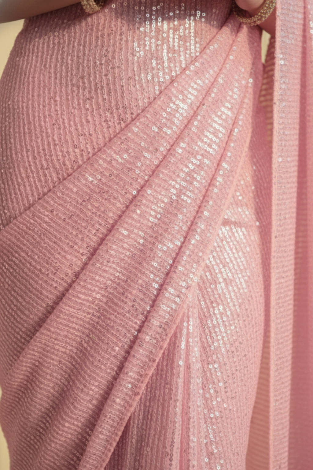 Blush Cream Knitted Sequin Saree with Blouse Fabric