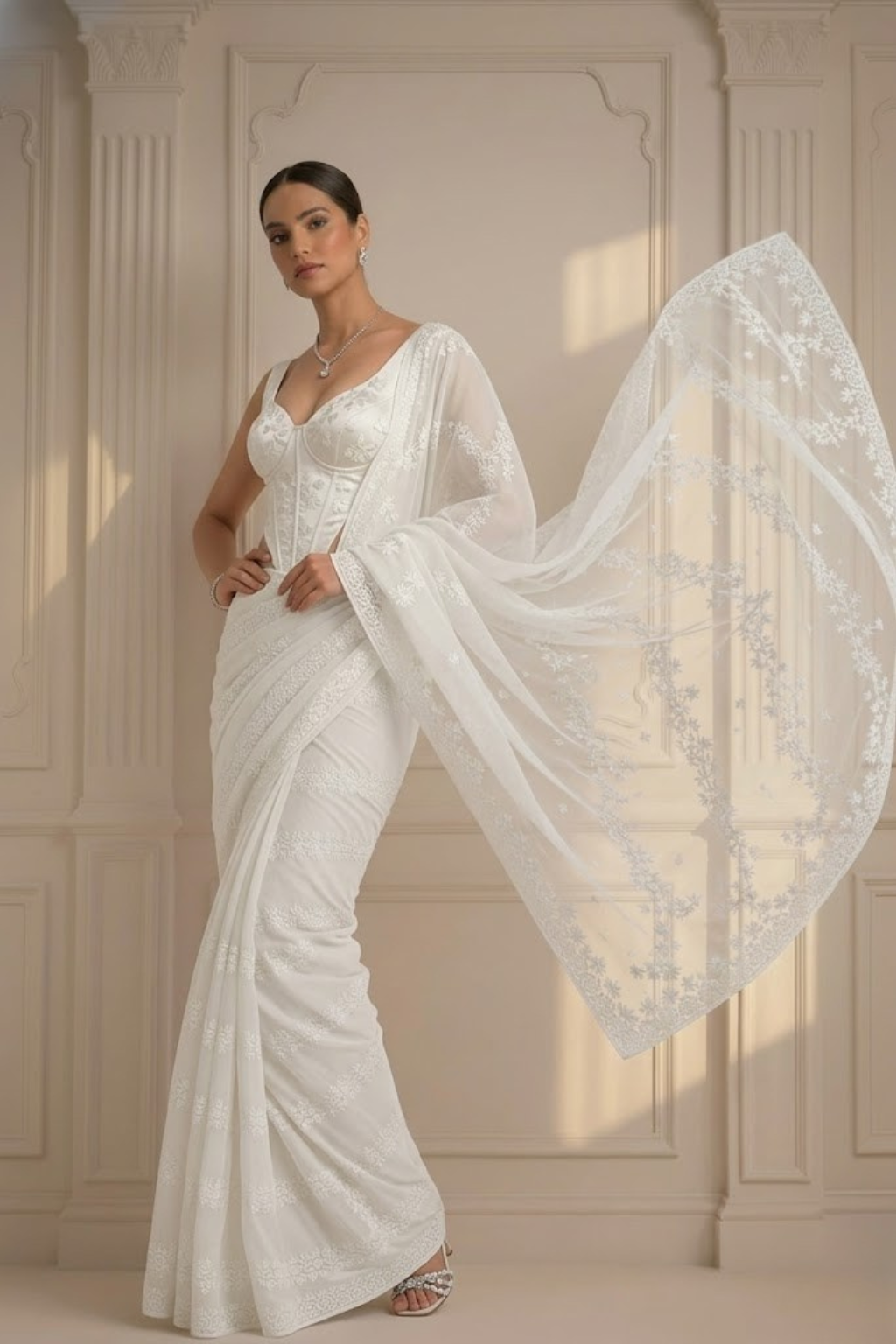 White Stripe Lace Saree with Sequin and Blouse Fabric