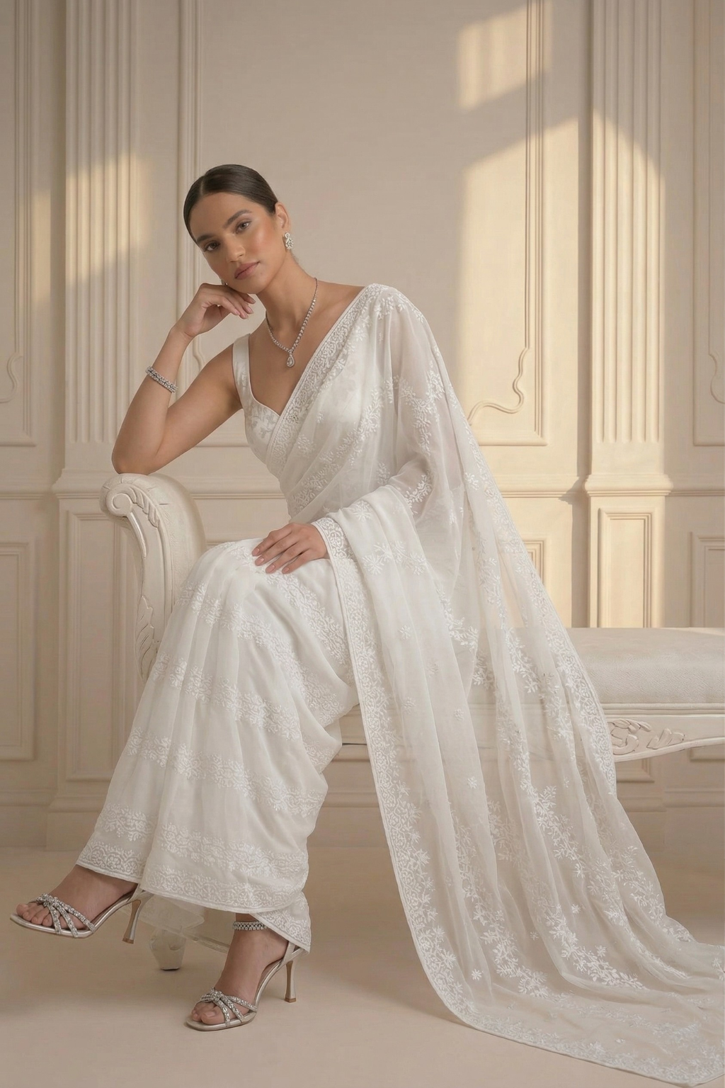 White Stripe Lace Saree with Sequin and Blouse Fabric