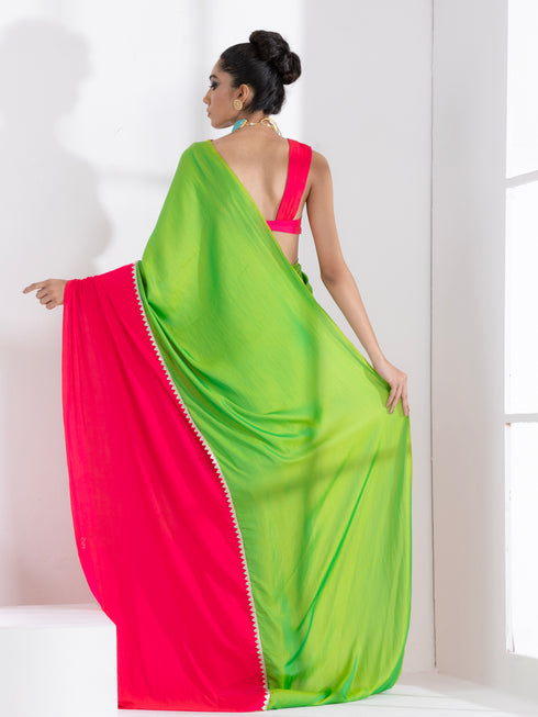 Chartreuse and Fuchsia Border Paradise Satin Saree with Self Blouse Fabric