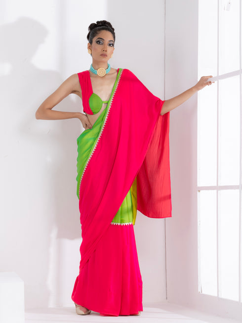 Chartreuse and Fuchsia Border Paradise Satin Saree with Self Blouse Fabric