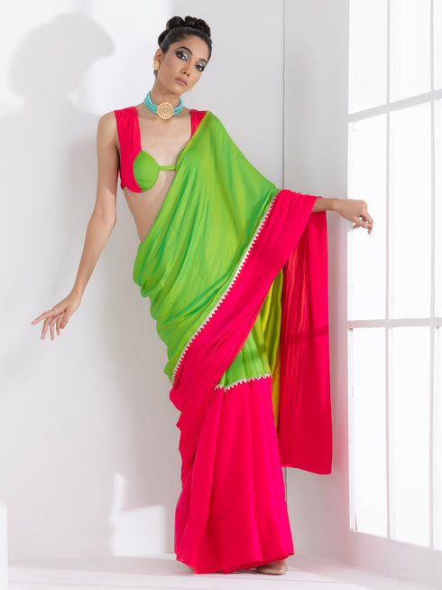 Chartreuse and Fuchsia Border Paradise Satin Saree with Self Blouse Fabric